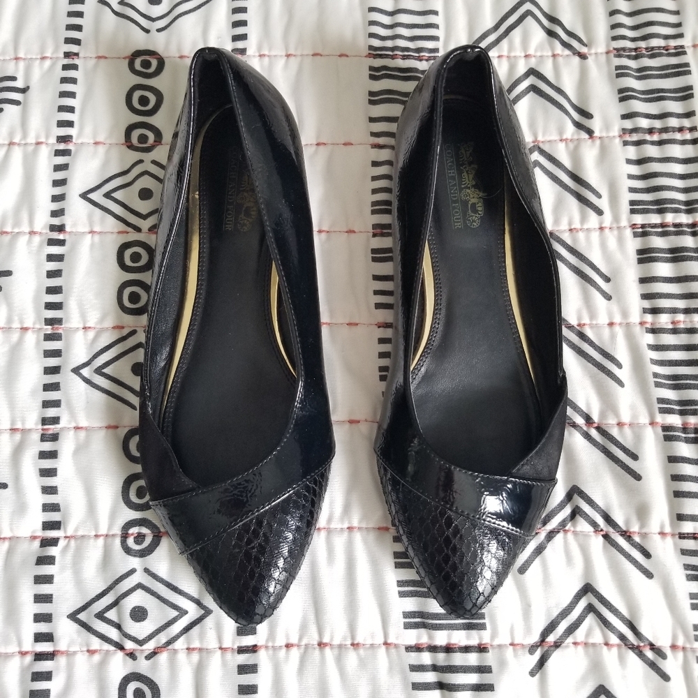 Coach and Four Black Patent Pointed-Toe Flats with Snakeskin Cap